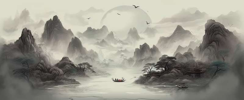 晨晓行驶的船只中国风意境水墨画背景,插画/手绘图,插画/手绘图库,插画/手绘图下载,插画/手绘